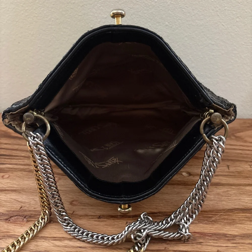 Ruth Saltz Black Snakeskin Shoulder Bag Adjustable Strap Purse Vintage Retro 80s